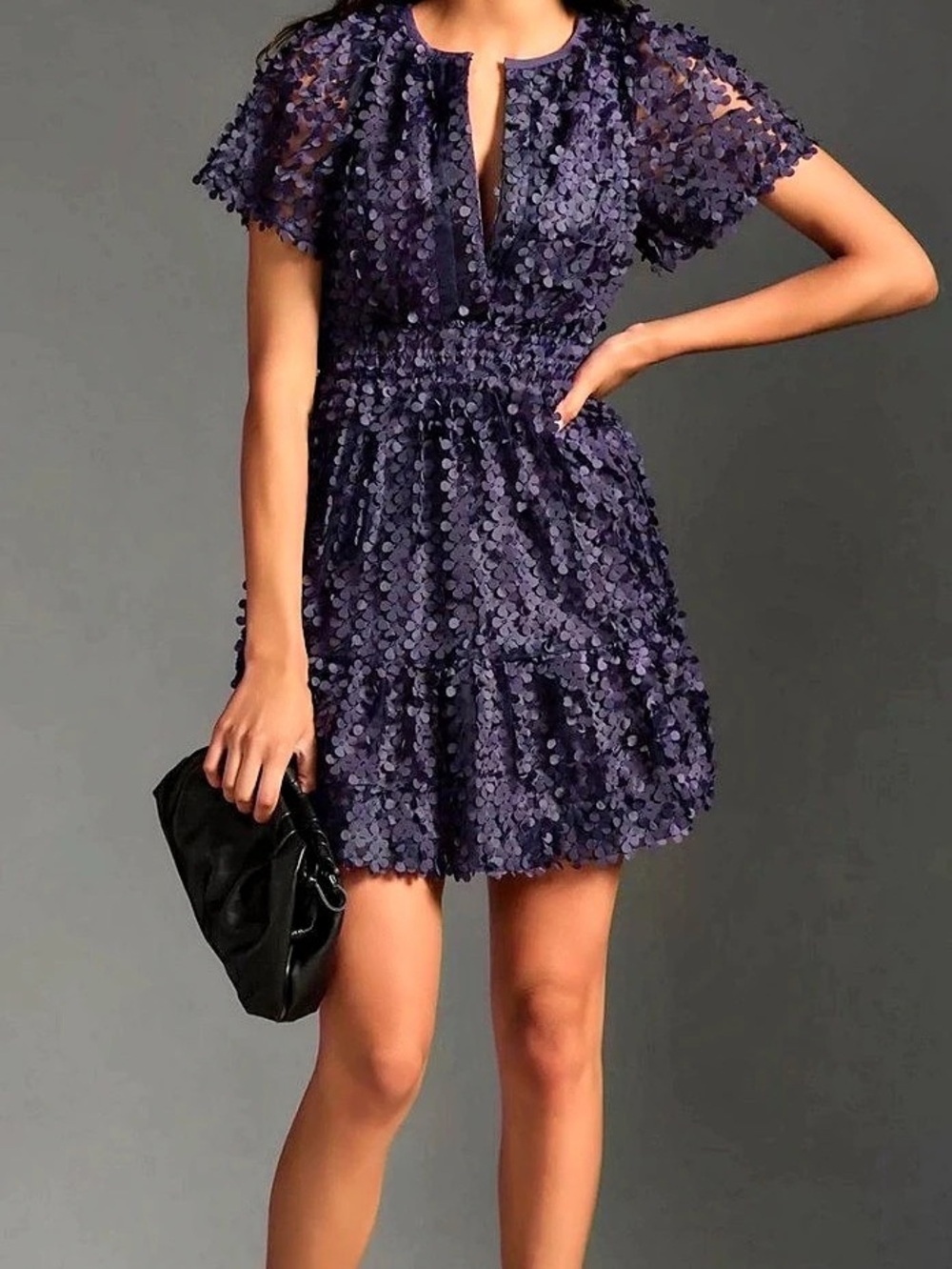 Anthropologie The Somerset Mini Dress 3D Floral Applique Navy Blue Size XL